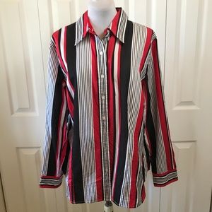 Jones New York Red Black Striped Button Down Shirt